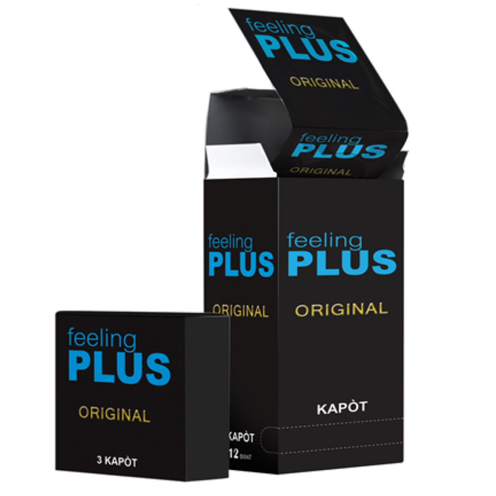 Packaging box for Feeling Plus condom.