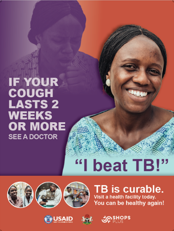 Image of a poster with a women smiling and a caption that reads, "I beat TB'.