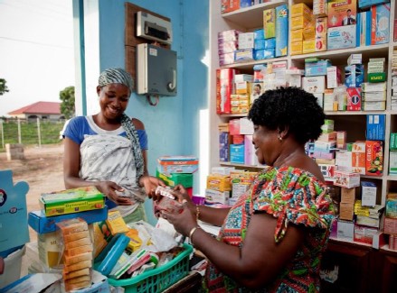 woman in drug shop talking to a female client