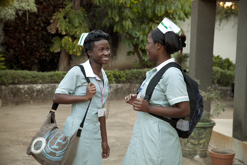 Two student nurses talking